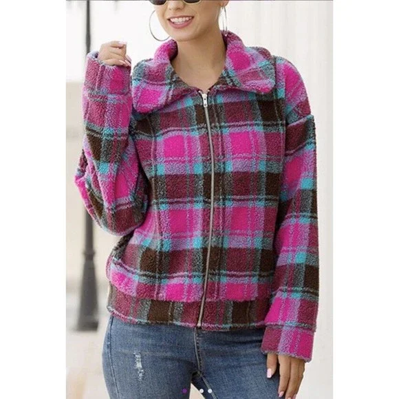 Yokodea Jackets Coats Rose Teal Plaid Zip Up Teddy Jacket